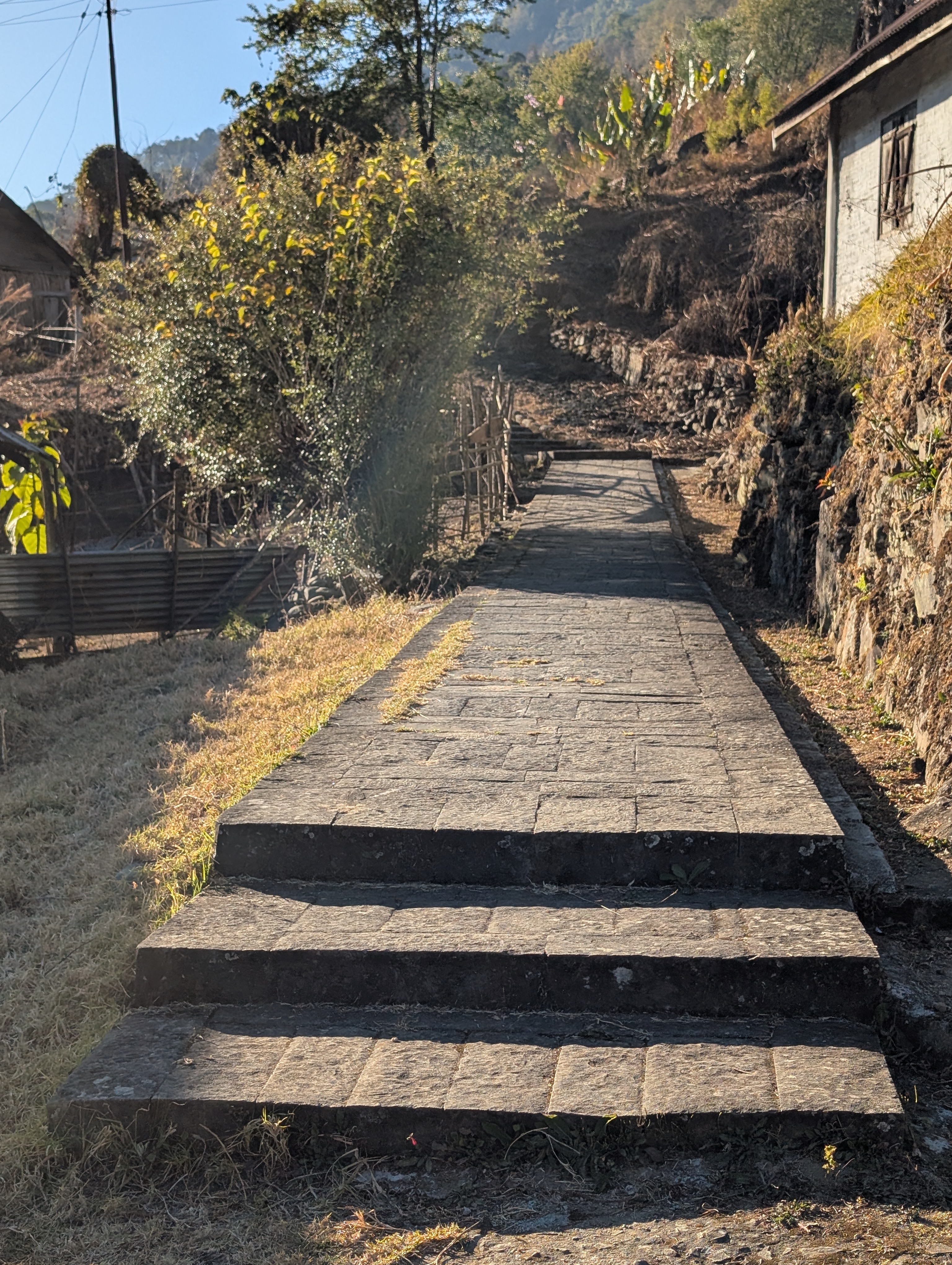 A stone-paved stepped pathway winding between houses and stone retaining walls in Dzüleke